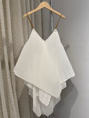 🚩steal Loewe White Pleated Asymmetric Cami Dress with Tan Straps
